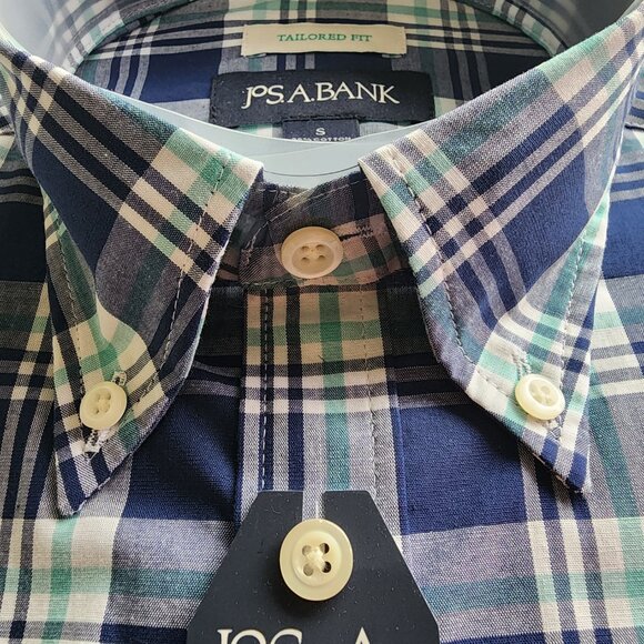 Small Casual Blue Plaid Shirt Jos A Bank S New Mens Size Sleeve Button Front Nwt - Picture 14 of 17